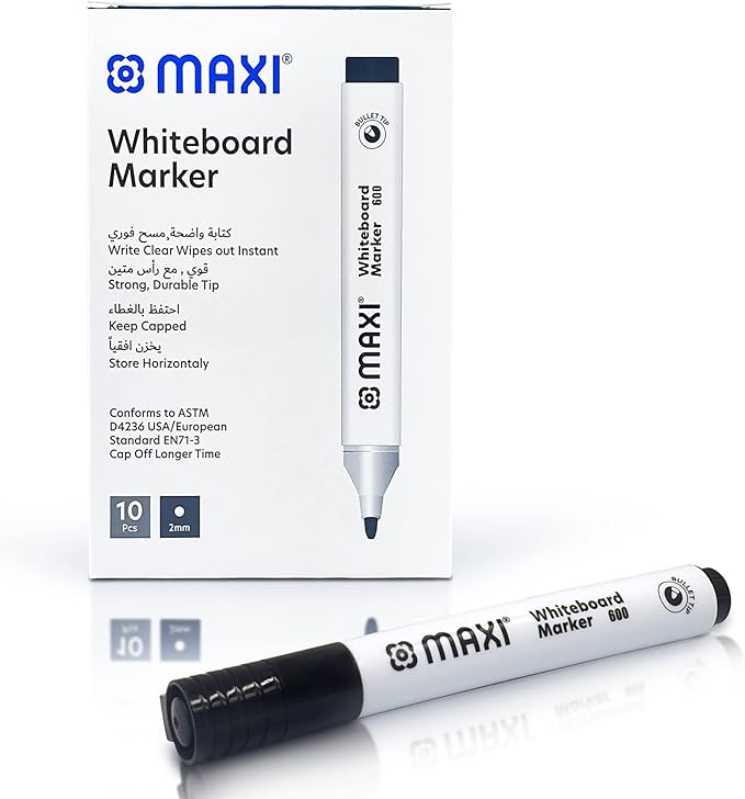 Maxi Whiteboard Marker Bullet tip Box of 10pc Black, Erasable Markers Great for Kids Adult Student, school, home, and office