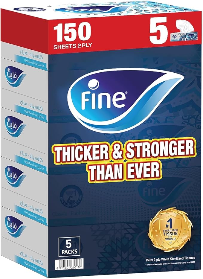 Fine Facial Tissue Boxes, 5 Packs of 150 Sheets x 2 Ply