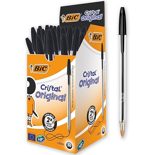 BIC Cristal Original Ballpoint Pens Medium Point,1.0 mm, Black, Box of 50