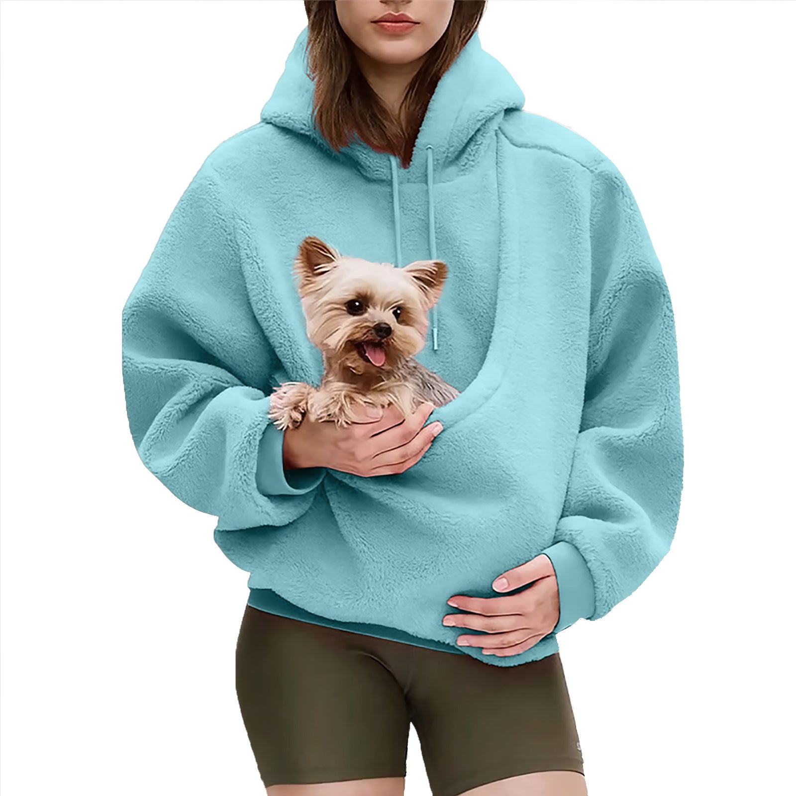 Pure Color Hooded Plush Pet Pocket Loose Pullover Sweatshirt For Women