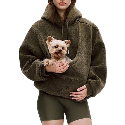 Pure Color Hooded Plush Pet Pocket Loose Pullover Sweatshirt For Women