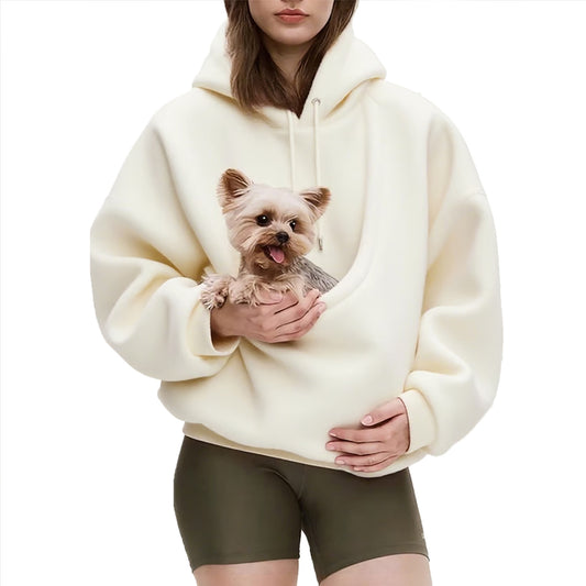 Pure Color Hooded Plush Pet Pocket Loose Pullover Sweatshirt For Women