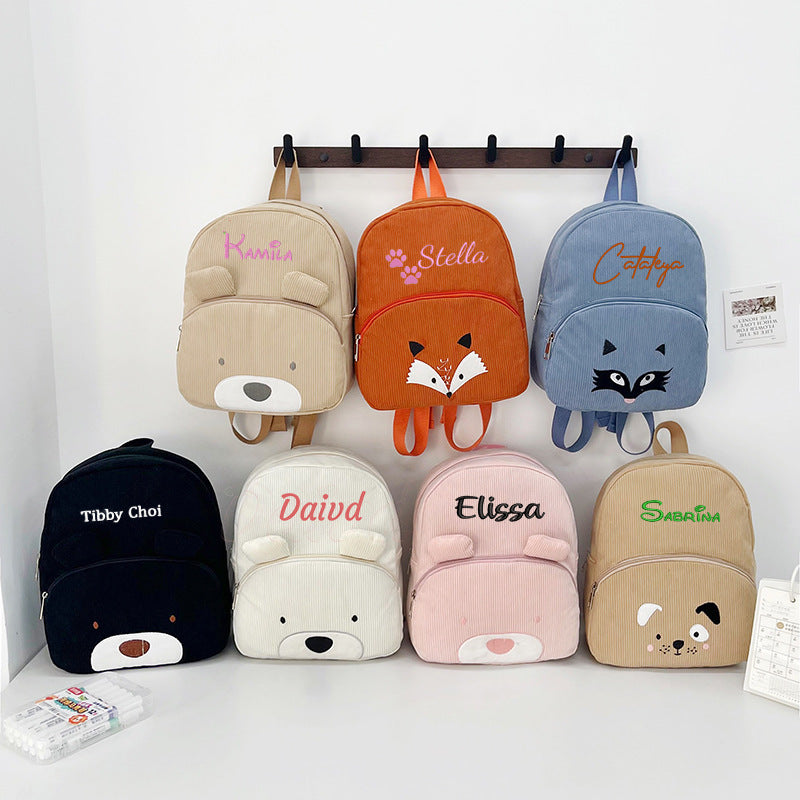 Embroidered Cute Bear Backpack Corduroy Student Schoolbag Large Capacity Casual Backpack